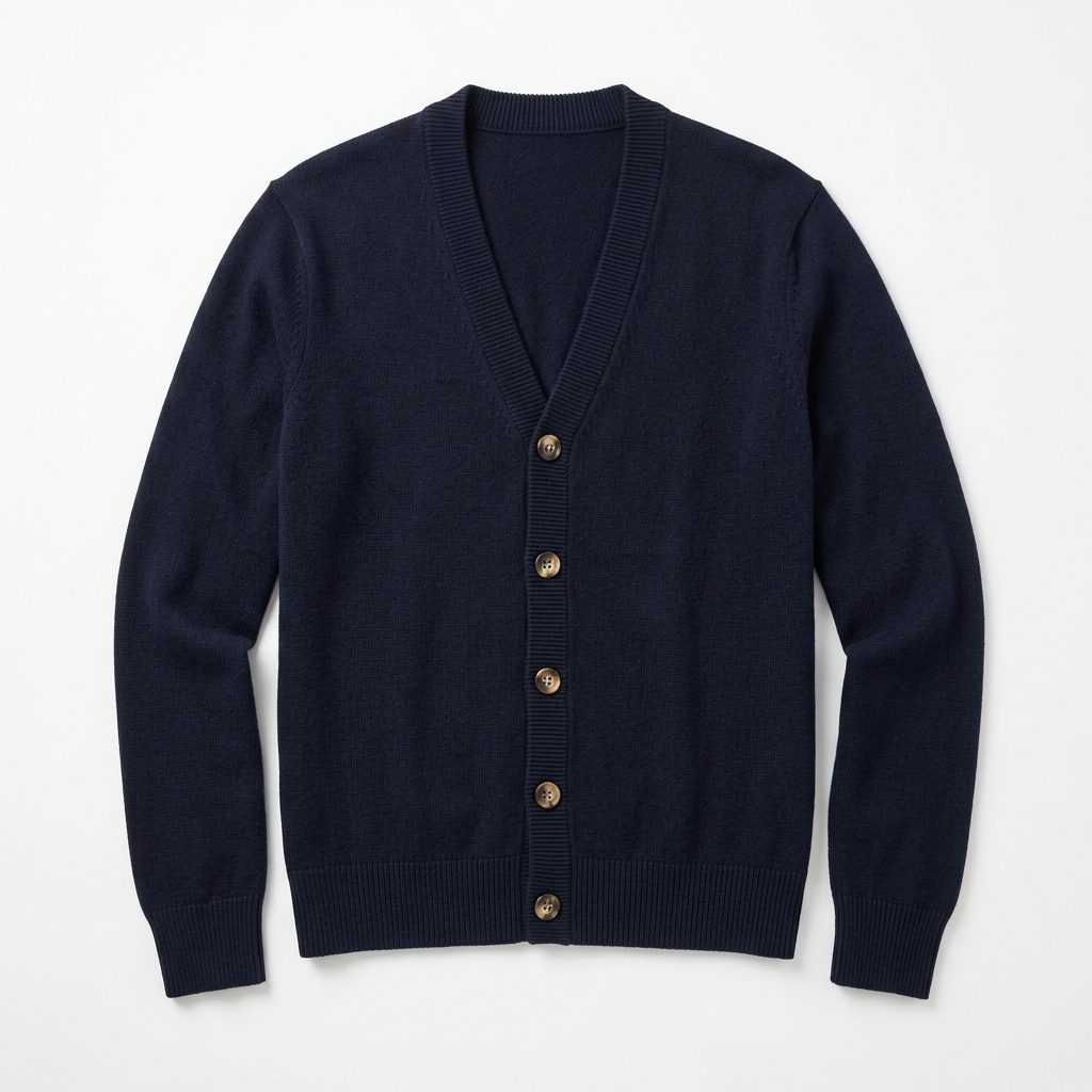 Classic Fine-Knit Button-Down Lightweight Cardigan in Deep Navy Blue